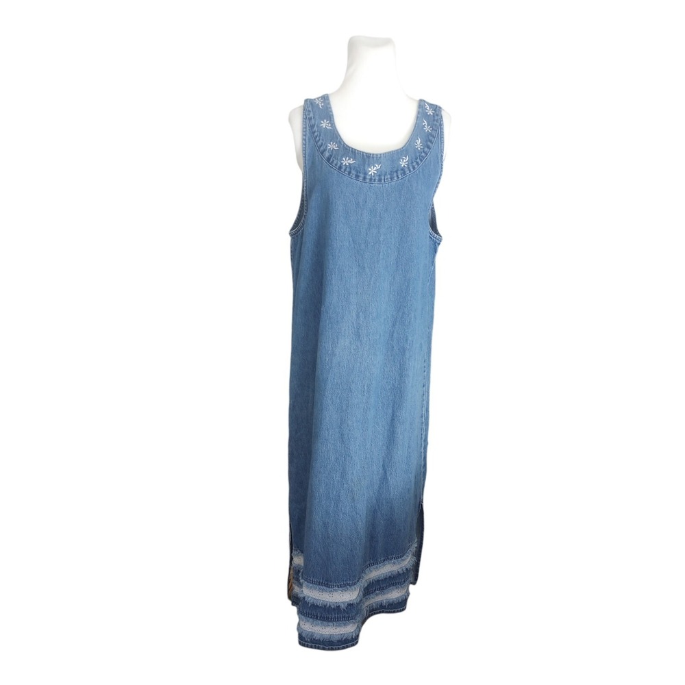 VTG Y2K 90s denim jumper dress with floral embroidery Raw Hem Sz L Modest Slit